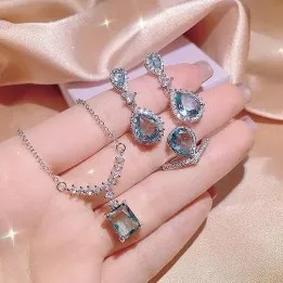 Crystal Blue Stone Work Jewelry Set (4 pcs)
